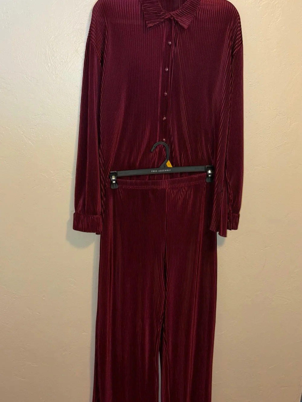 Wide-Leg Velvet Pants Set - Burgundy